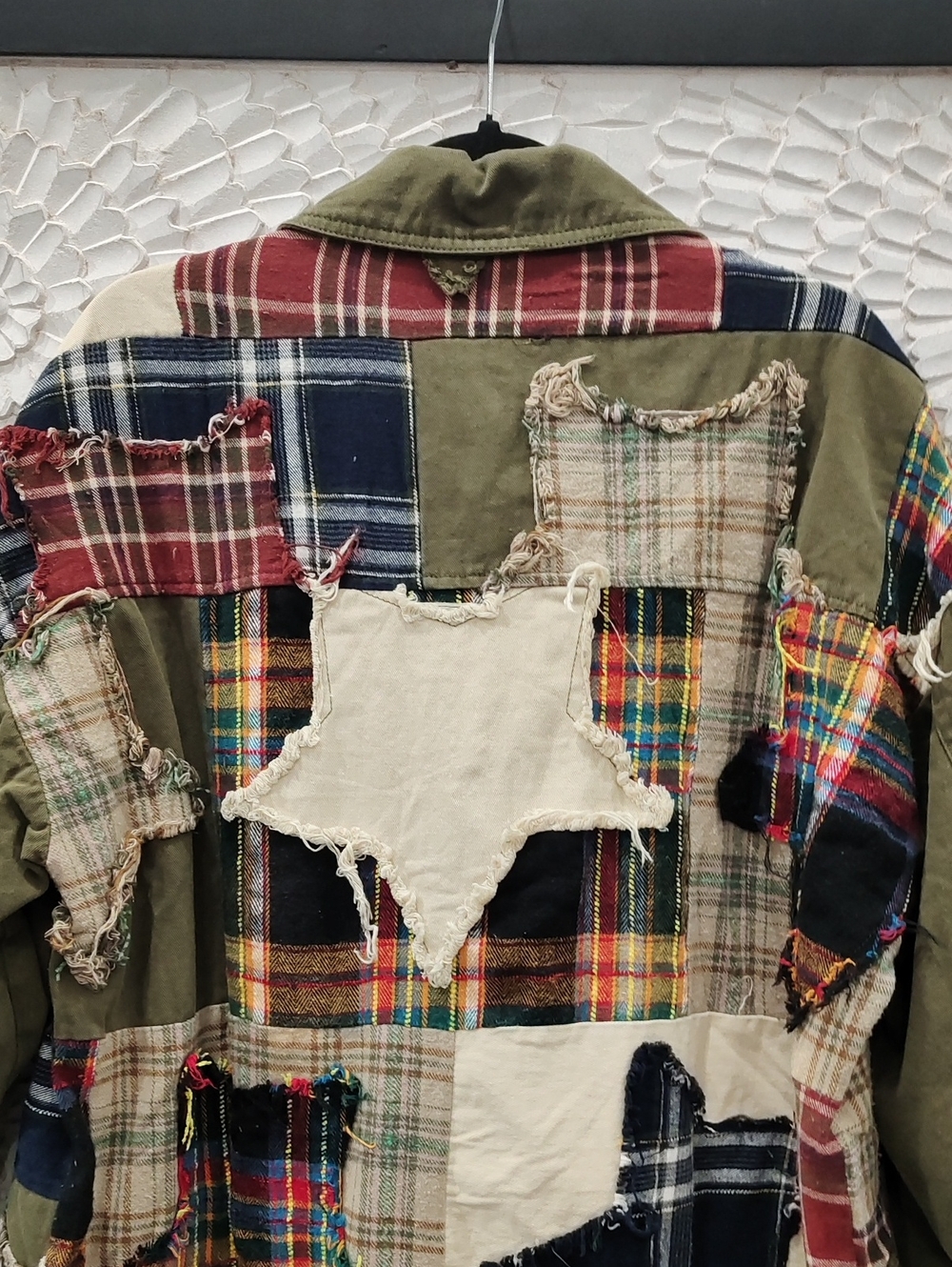 Patchwork Plaid Distressed Star Utility Jacket - Olive - Picture 7 of 10